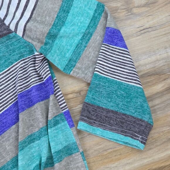 🔸️Blue, Teal, & Gray Striped Cascading Open Front Cardigan Kimono Large - Picture 9 of 12